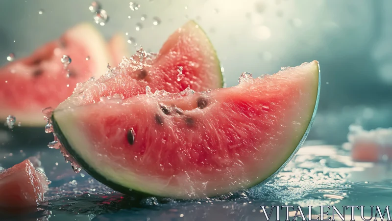 Juicy watermelon wedges with water splashes in close focus.