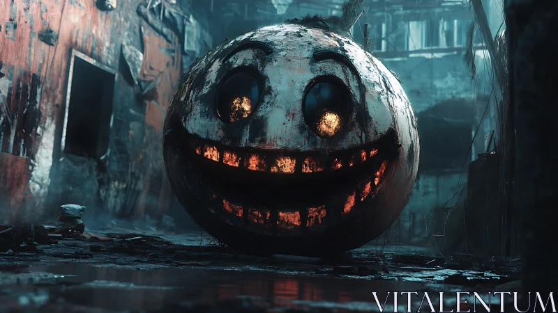 Gleaming grinning pumpkin orb in a haunting city ruin.