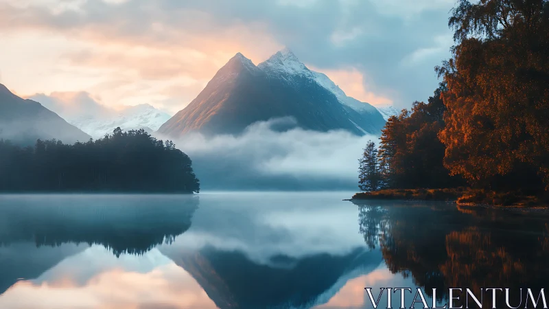 Snowy mountain and lake reflection at soft sunrise light.
