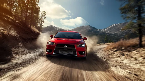 Red Mitsubishi rally car powers through dusty mountain road