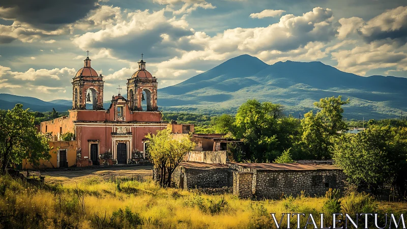 Historic rural church and stone buildings before mountains.