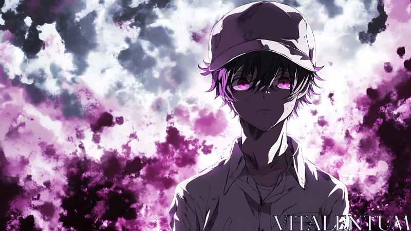 Quiet boy with glowing violet eyes in a storm of light.