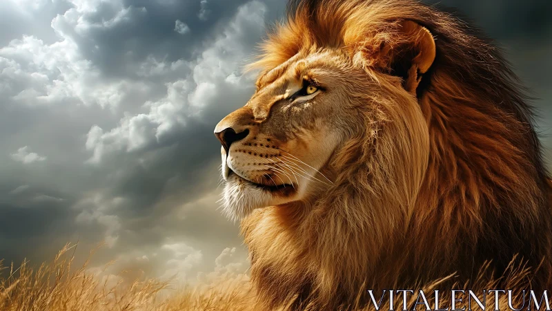 Side-lit male lion portrait under turbulent cumulonimbus sky