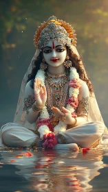 Divine goddess idol in jeweled robes over reflective water.