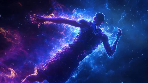 Electric basketball player leaps through cosmic nebula light