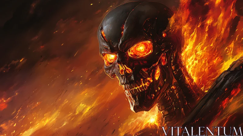 Burning robotic skull with molten eyes in fiery inferno.