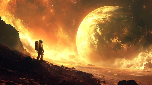 Golden planet rises as a lone astronaut greets a fiery sky
