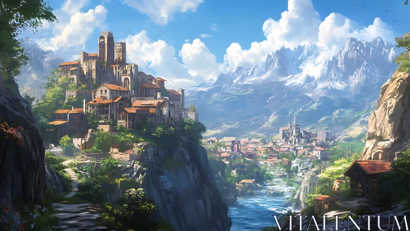 Sunlit cliffside kingdoms cradle a bright river valley dream.