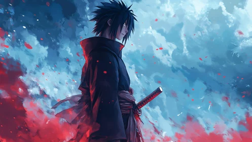 Dark haired anime swordsman stands in red and blue mist.