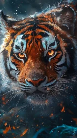 Fiery-eyed tiger emerges from swirling embers and mist