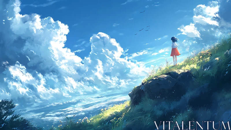 Girl on sunlit hilltop under vast blue summer sky.