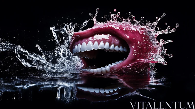 Open mouth and teeth emerging in a dramatic water splash.