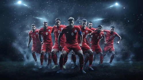 Dynamic football squad emerging through stadium fog.