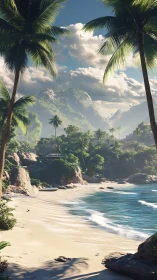 Tropical coastal landscape with palm fronds, sandy beach, and mountainous terrain.