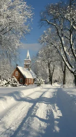 Snow covered country road leading to wooden chapel under blue sky