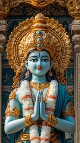 Blue Hindu deity statue with ornate golden halo and garlands.