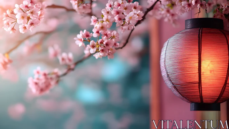Cherry blossoms with glowing red lantern at dusk.