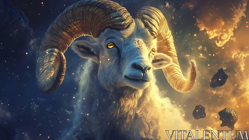 Celestial ram emerges from glowing nebula in cosmic night