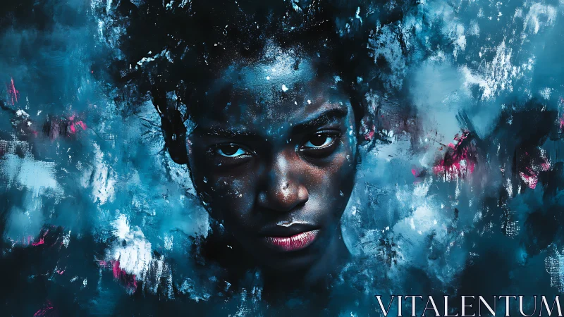 Digital portrait merges fierce gaze with abstract stormed blues.