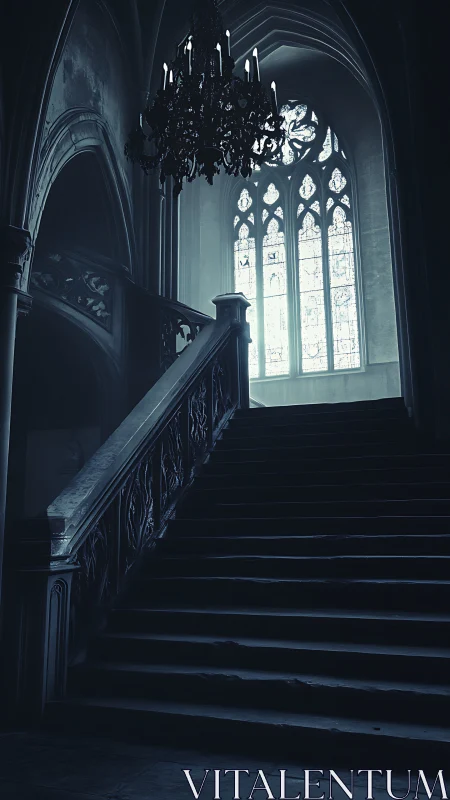 Gothic stone staircase under chandelier and tall window.