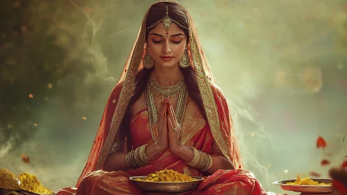 Woman in red sari sits praying before flower offerings