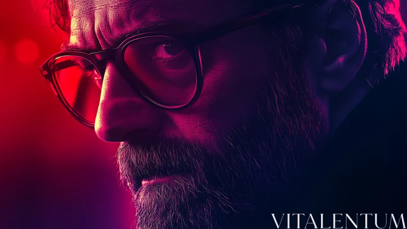 Bearded man in glasses lit by contrasting red and purple neon