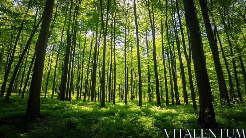 Sunlit Green Forest with Tall Trees in a Serene Natural Setting.
