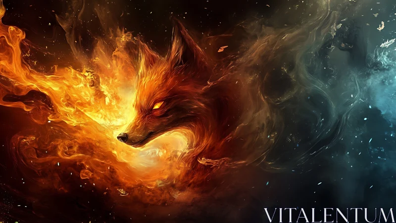 Fiery fox spirit emerges between blazing heat and shadowed void