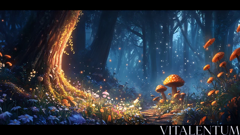 Enchanted forest path glowing with fireflies and mushrooms.