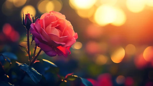 Pink Rose at Golden Hour with Bokeh Backdrop.