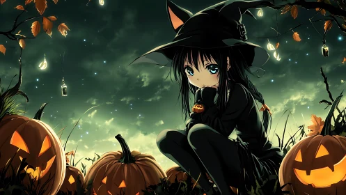 Moonlit pumpkins keep lonely little witch company tonight