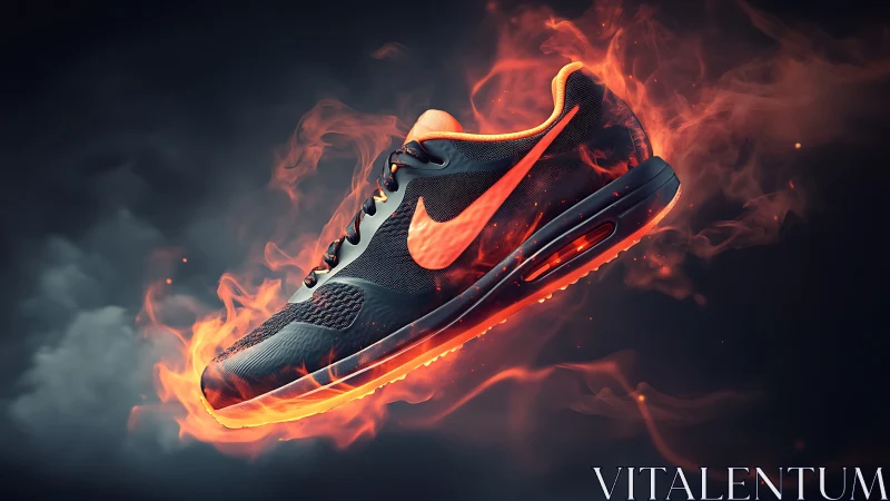 Black running shoe in orange flames on dark background.