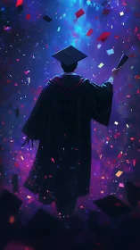Radiant graduate silhouette amid cosmic confetti celebration.