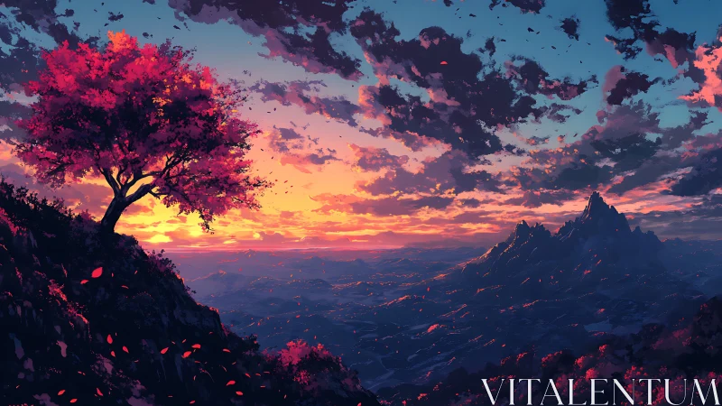 Lone crimson tree watching over a glowing mountain sunset.