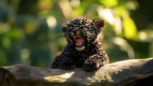 Tiny leopard cub greets the sun with a bold jungle yawn