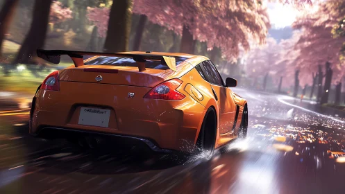 Golden sports car racing through dreamy cherry blossom rain.