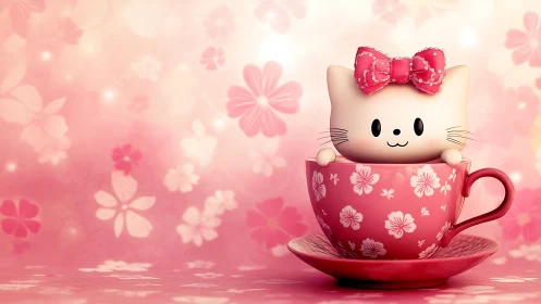 Kawaii ceramic cat figure peeking from floral pink teacup