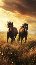 Twin bay horses gallop through sunlit prairie grassland field.