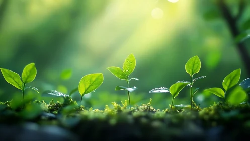 Backlit seedlings form a linear rhythm in soft green bokeh field