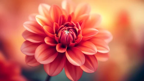 Red Dahlia Bloom with Soft Focus Golden Background