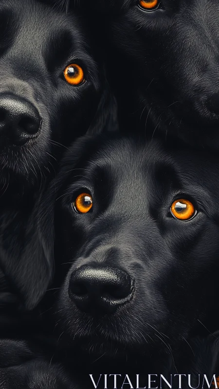 Midnight hounds with ember eyes in velvety close embrace.