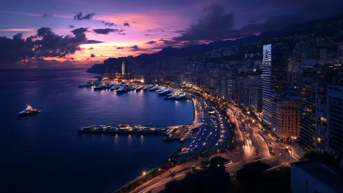 Coastal city harbor at dusk with yachts and traffic lights.
