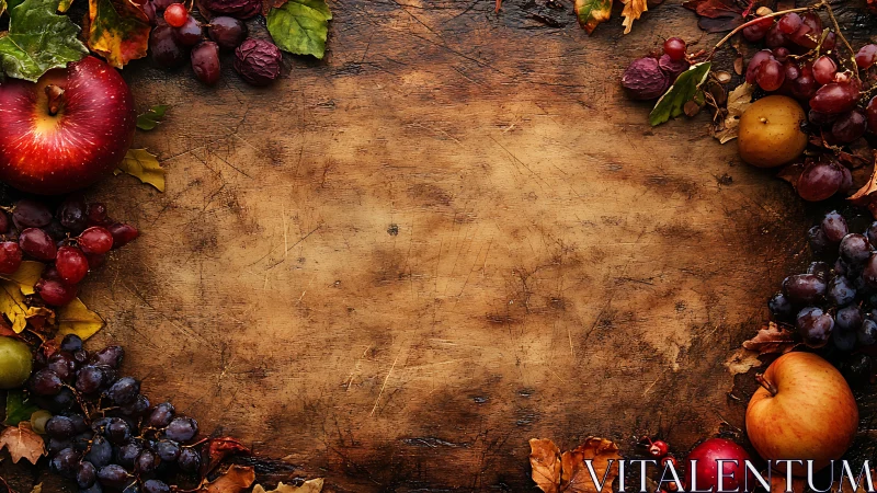 Autumn fruits arranged around worn wooden surface border.