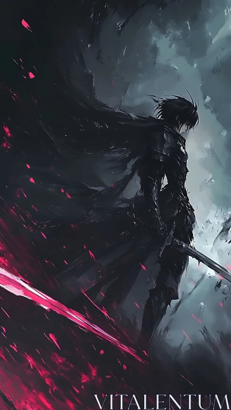 Lone dark knight rises with blazing crimson energy blade.