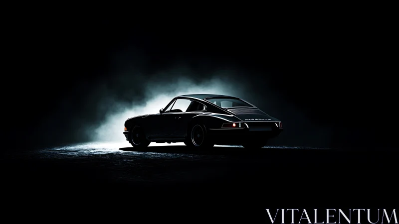 Rear three-quarter view shows sports car in low key lighting