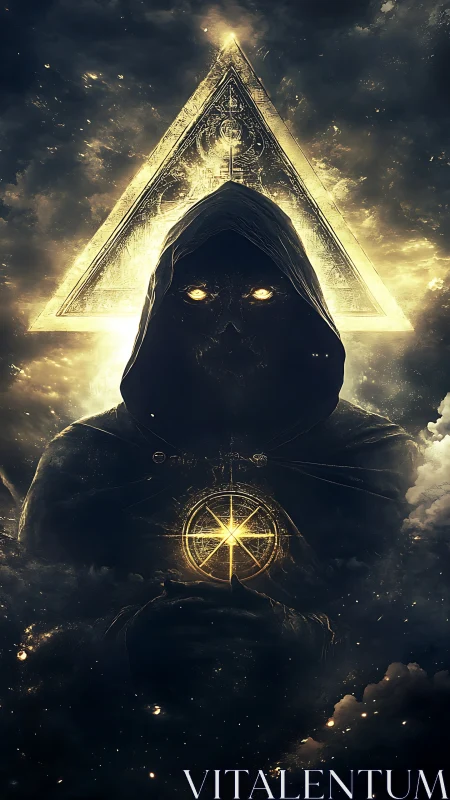 Hooded figure stands before illuminated triangle in clouds
