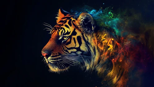 Neon cosmic tiger profile glows through swirling color nebula.