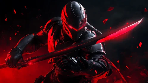 Cybernetic katana operative in dynamic red-luminescent stance.