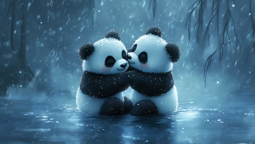 Moonlit panda cuddle in a shimmering blue rainstorm.