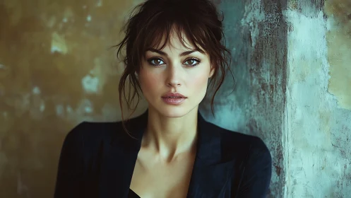 Intense portrait study with teal distressed wall backdrop.